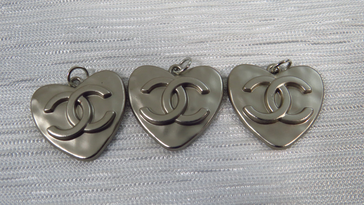 Chanel Bundle Of 3 Pewter Embossed Stamped CC Heart Charms 25mm!