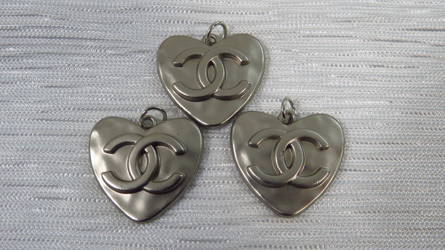 Chanel Bundle Of 3 Pewter Embossed Stamped CC Heart Charms 25mm!