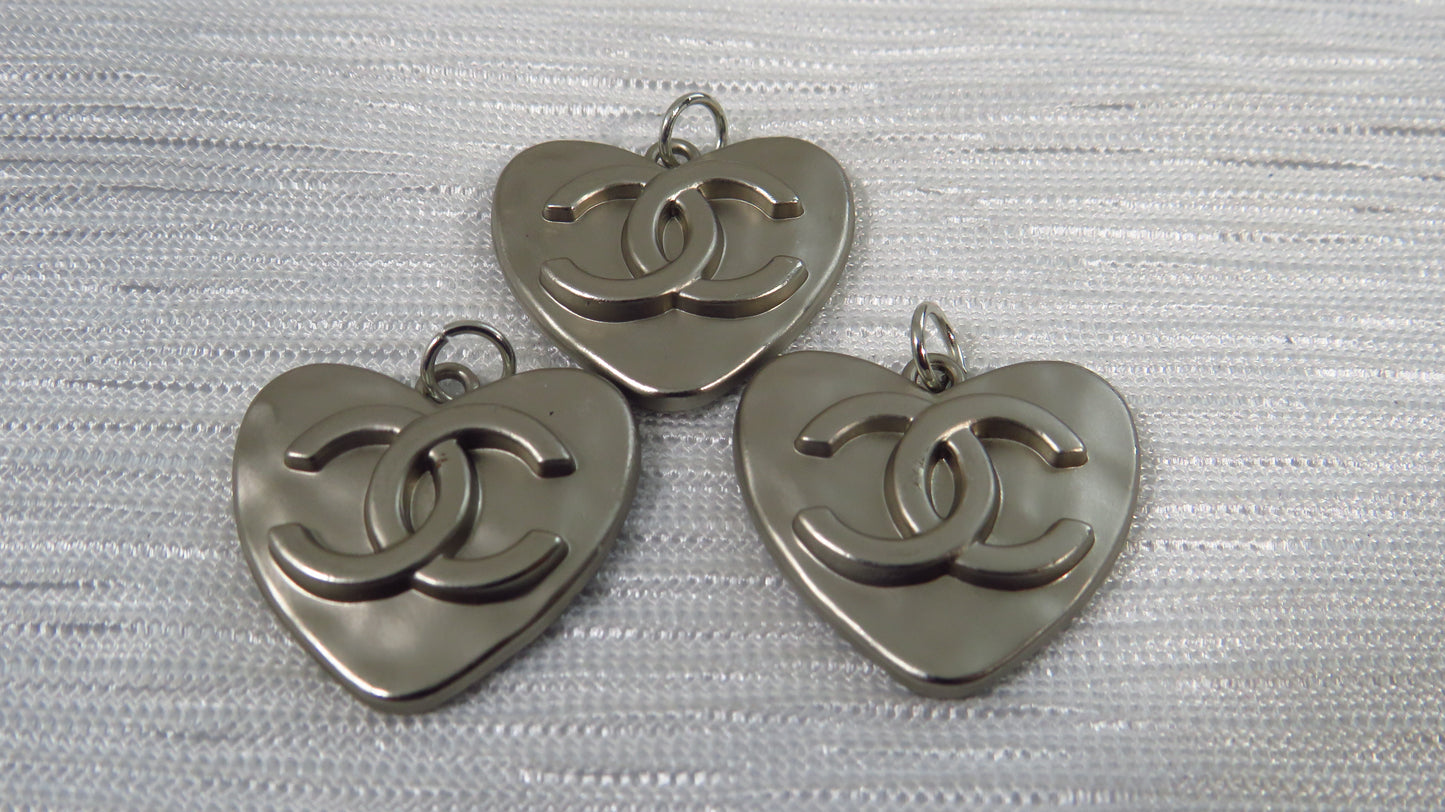 Chanel Bundle Of 3 Pewter Embossed Stamped CC Heart Charms 25mm!