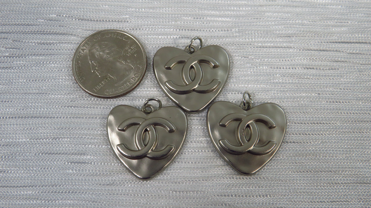 Chanel Bundle Of 3 Pewter Embossed Stamped CC Heart Charms 25mm!