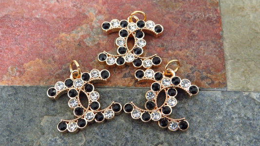 Bundle Of 3 Chanel Black And White Rhinestone Lined Gold Tone Zipper Pulls!