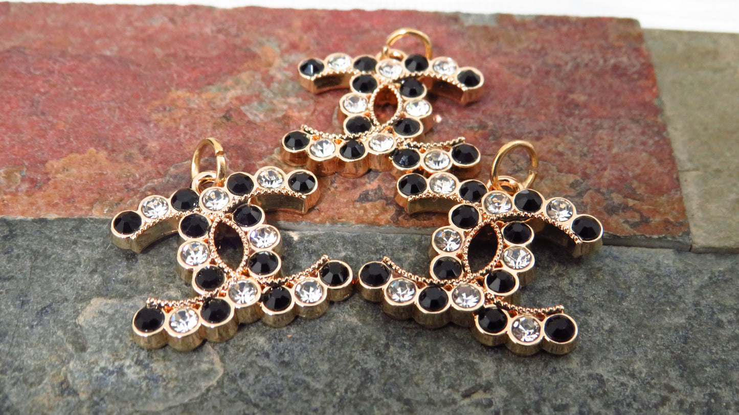 Bundle Of 3 Chanel Black And White Rhinestone Lined Gold Tone Zipper Pulls!