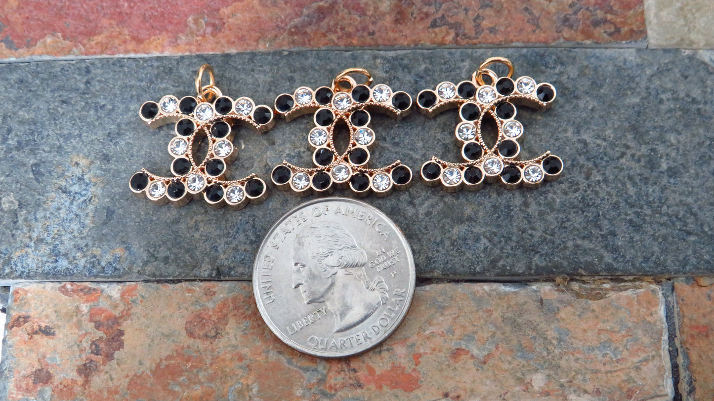 Bundle Of 3 Chanel Black And White Rhinestone Lined Gold Tone Zipper Pulls!