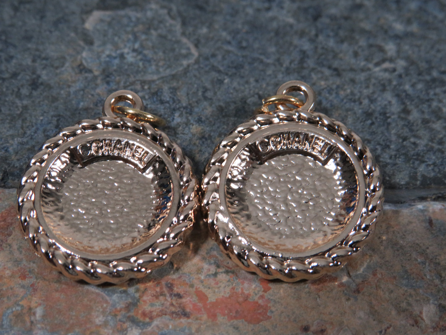 Chanel Bundle Of 2 Oval Gold And Purple CC Charms Stamped!