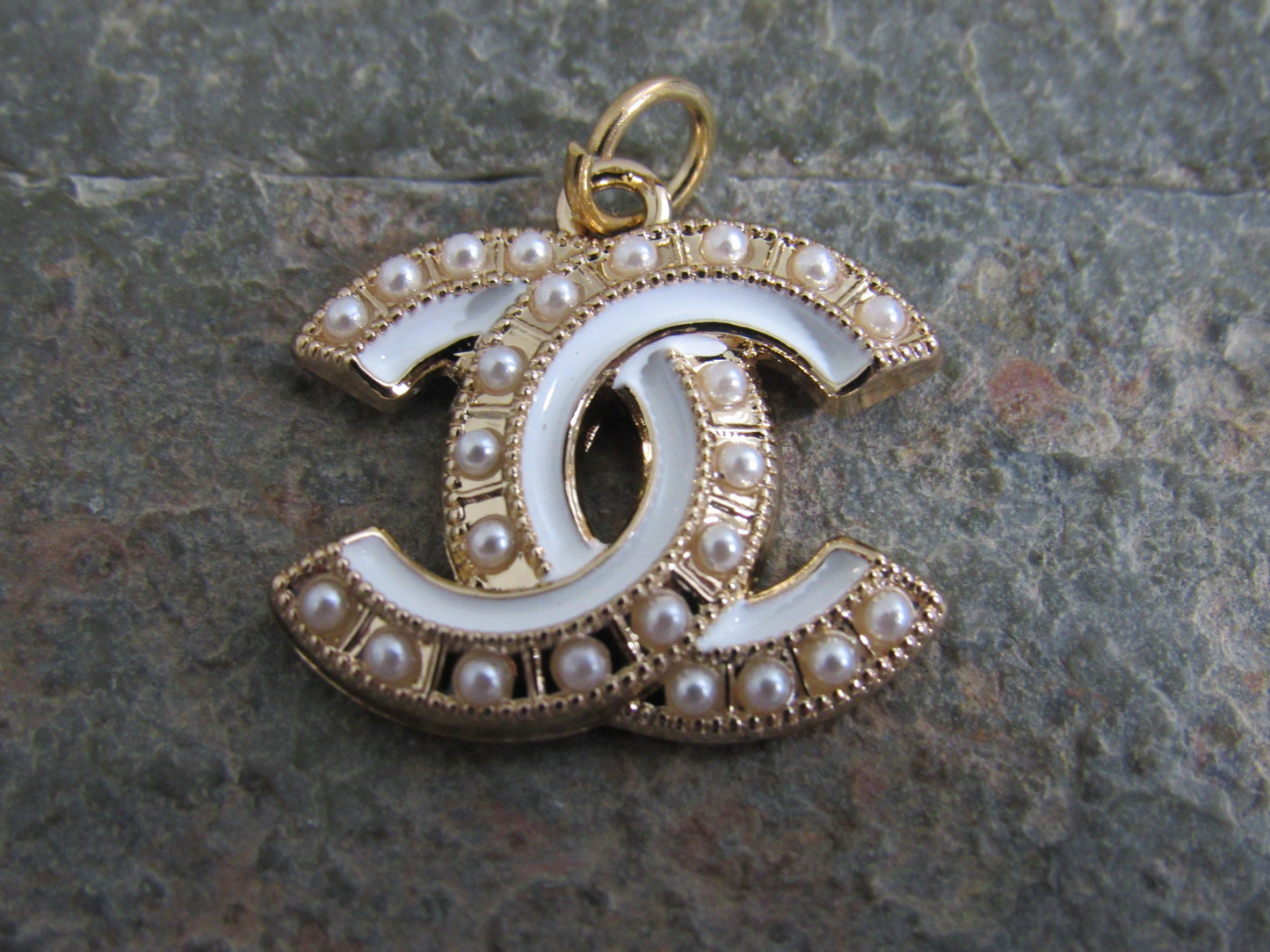 Chanel Gold And White Stripe Pearl Lined Handbag Charm Stamped Gold Back!
