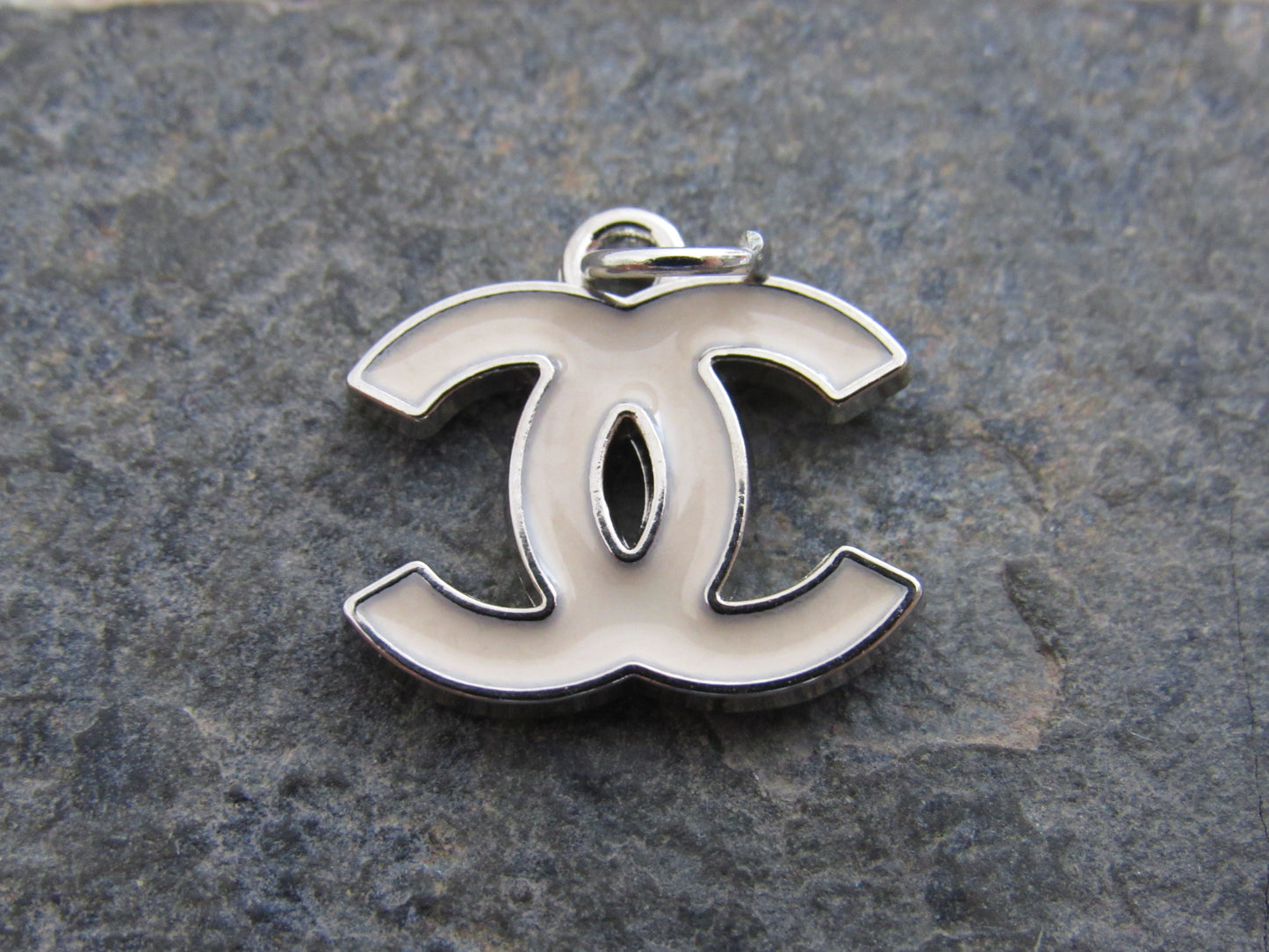 Chanel Beige And Chrome Acrylic CC Zipper Pull Charm 18mm Stamped!