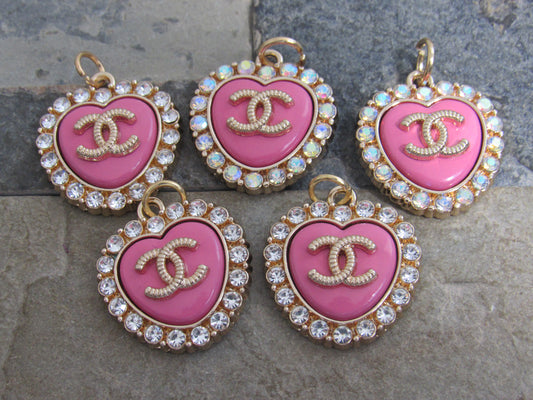 Bundle Value Lot Of 5 Chanel Pink Rhinestone Lined Heart Charms!