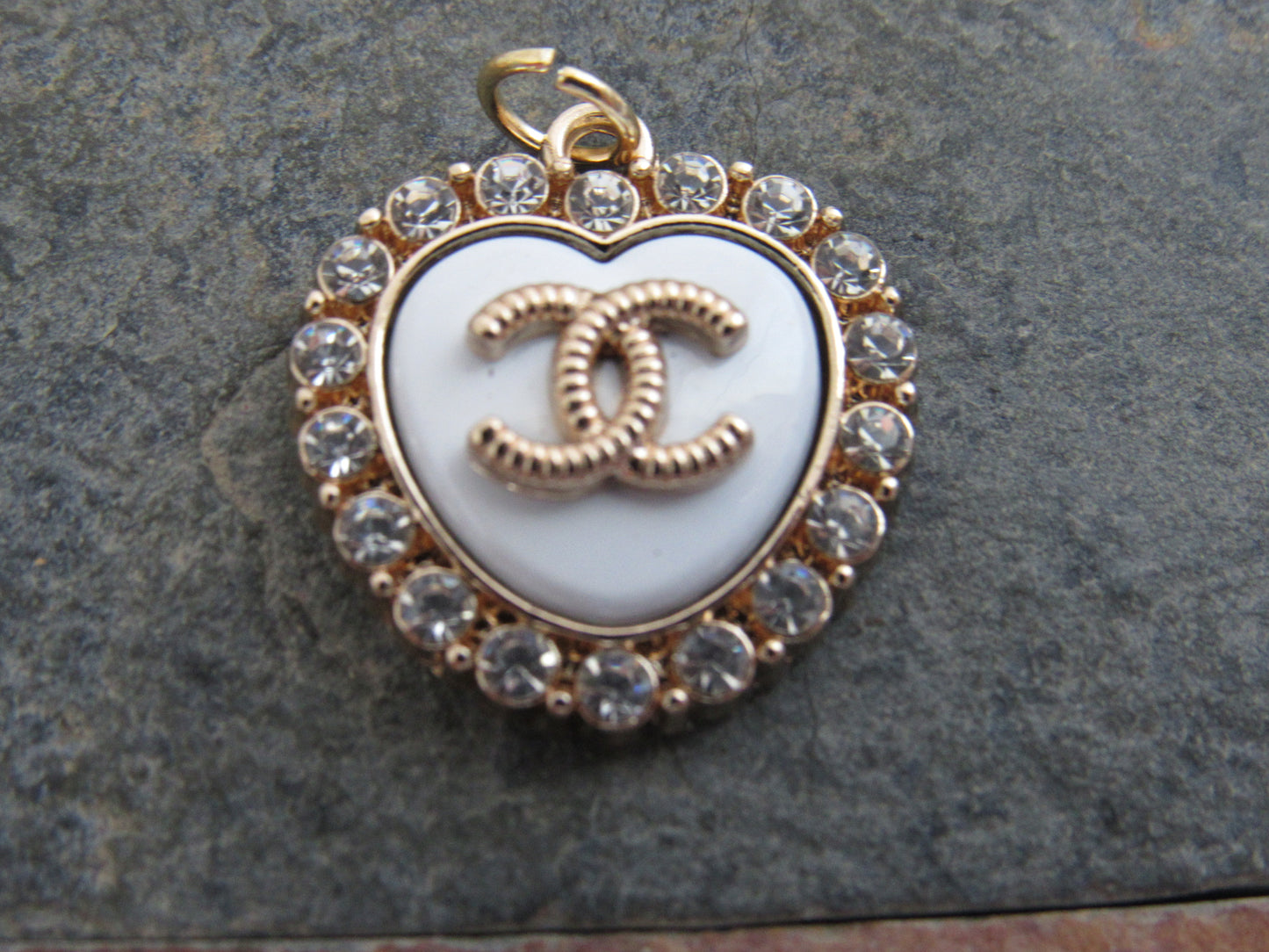 Chanel CC White Heart Crystal Lined Retro Charm Zipper Pull!