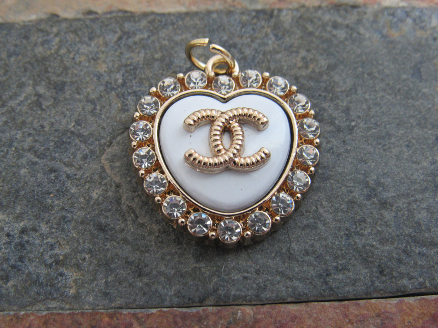 Chanel CC White Heart Crystal Lined Retro Charm Zipper Pull!