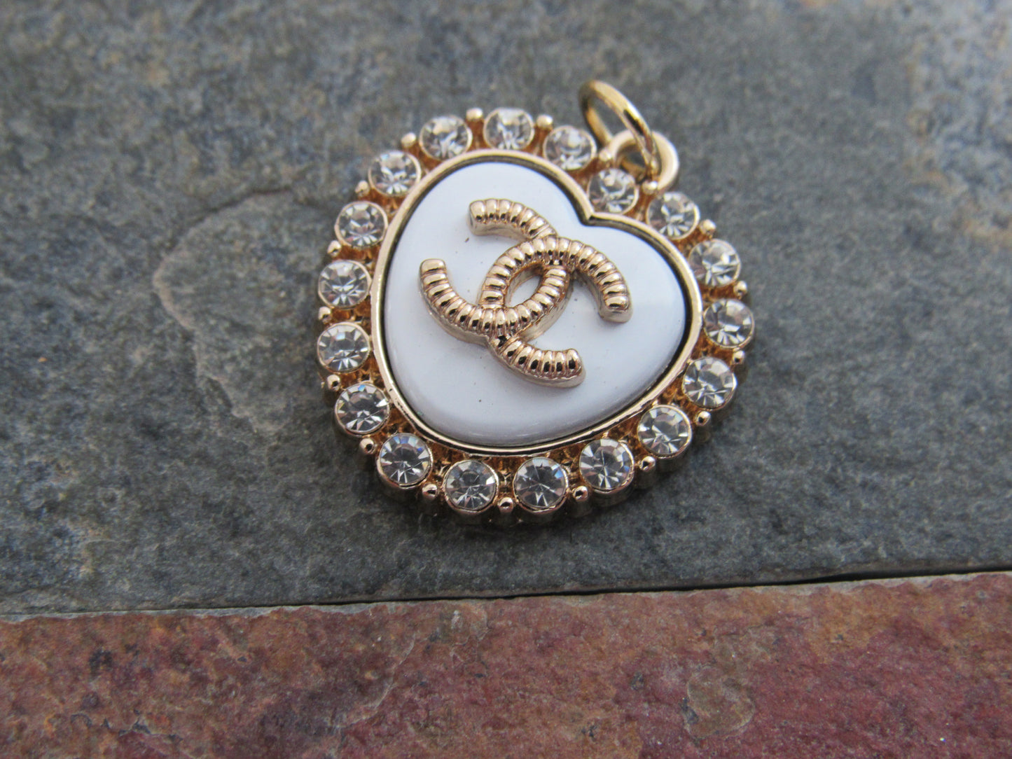 Chanel CC White Heart Crystal Lined Retro Charm Zipper Pull!