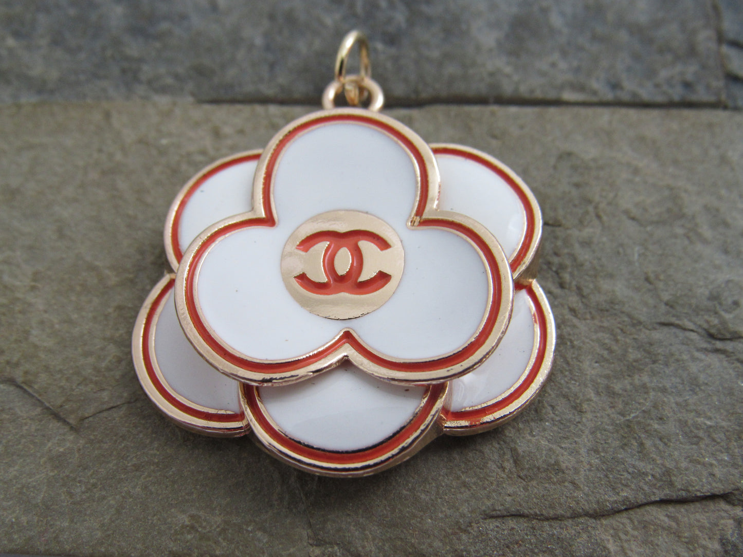 Chanel Big Flower White Pink Gold Tone CC Zipper Charm!