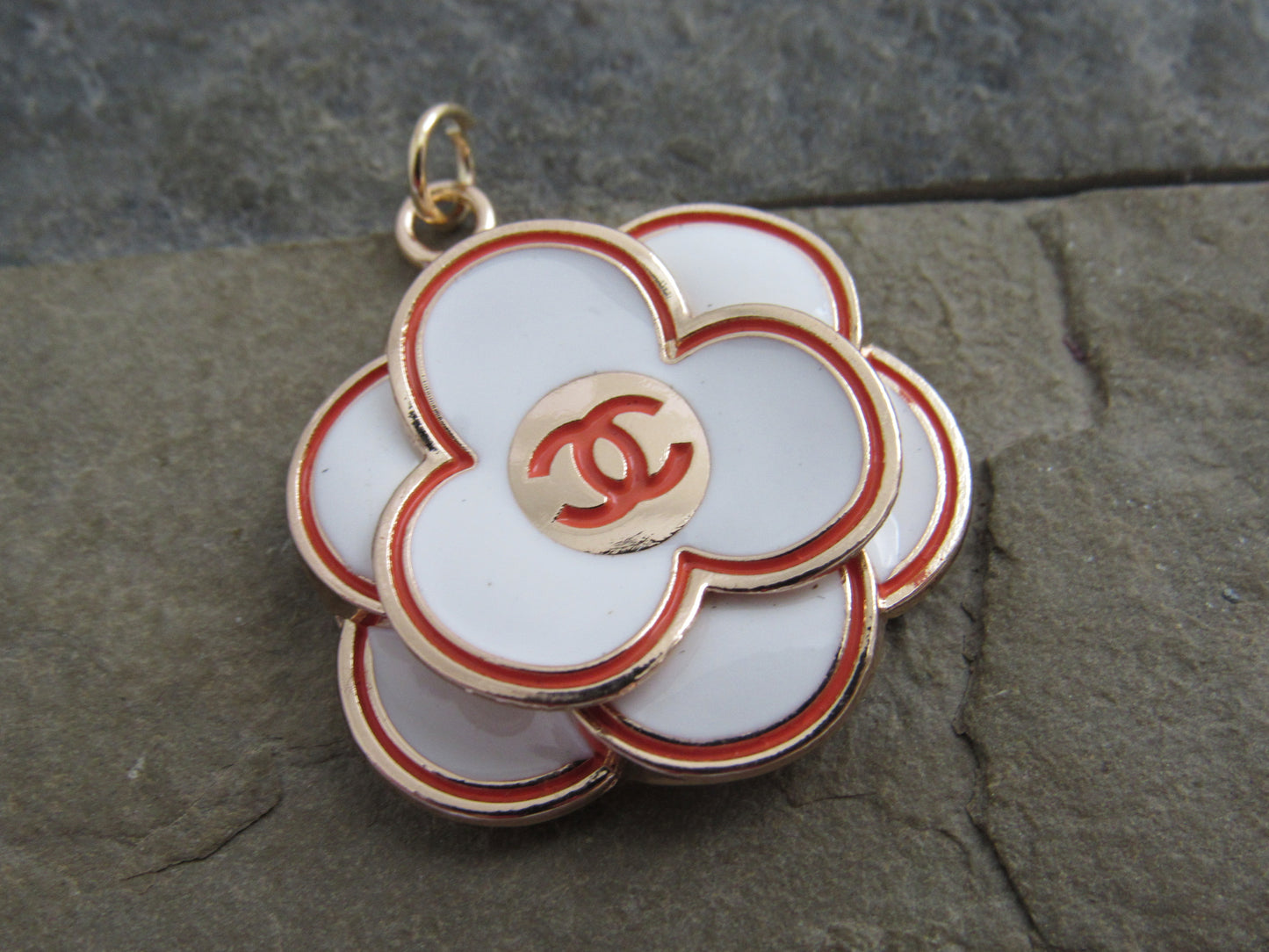 Chanel Big Flower White Pink Gold Tone CC Zipper Charm!
