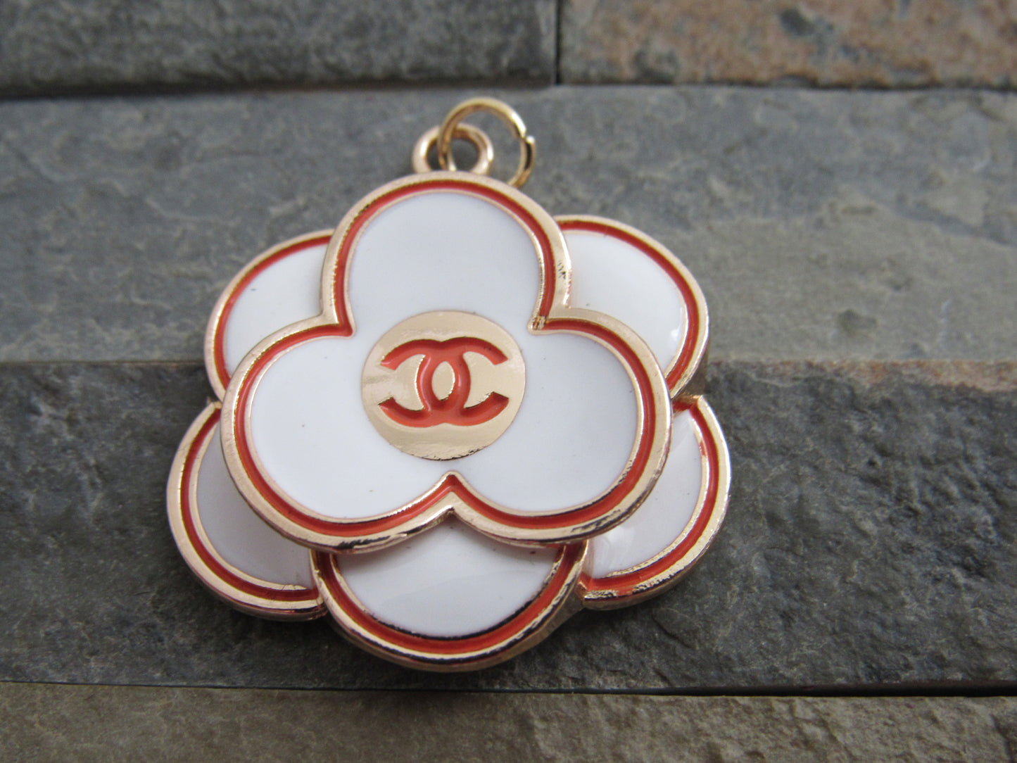 Chanel Big Flower White Pink Gold Tone CC Zipper Charm!