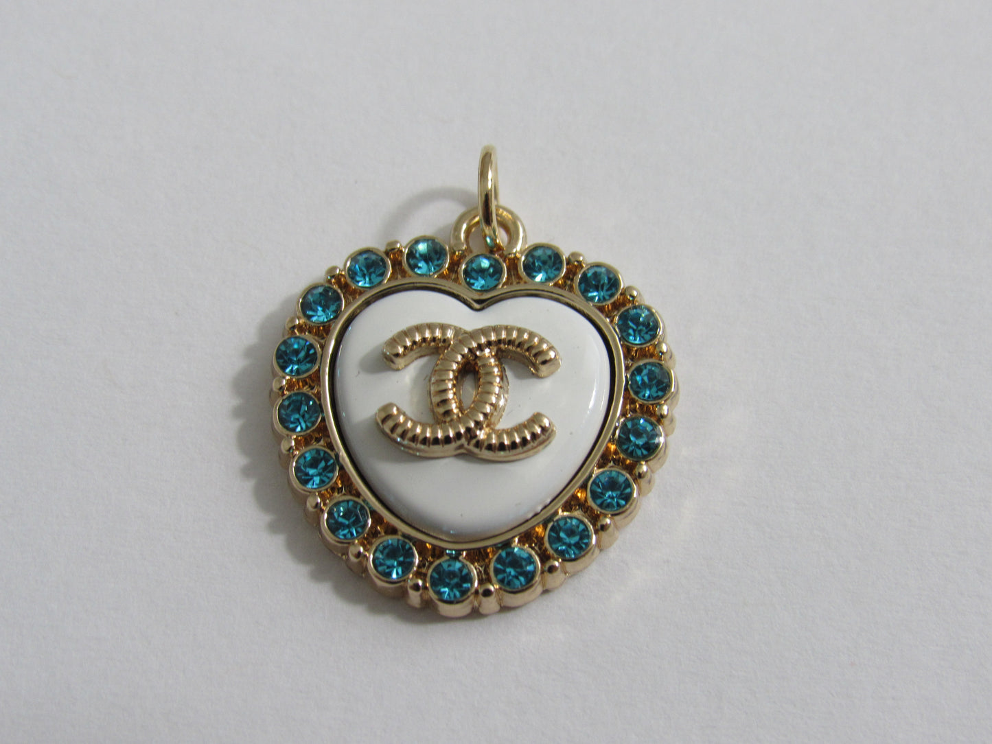 Chanel White Heart Zipper Pull Charm With Teal Gem Inlay Stamped Back!
