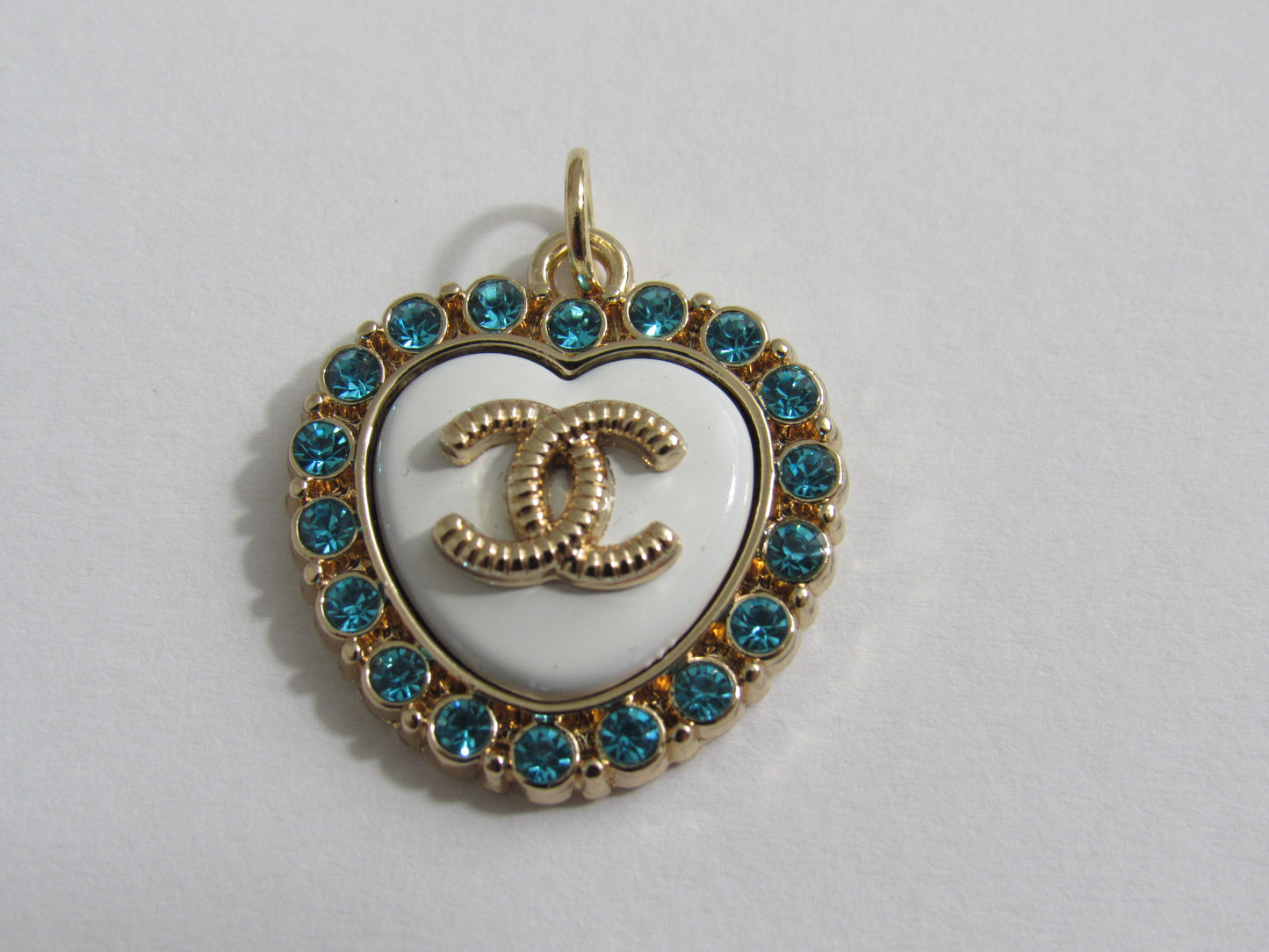 Chanel White Heart Zipper Pull Charm With Teal Gem Inlay Stamped Back!