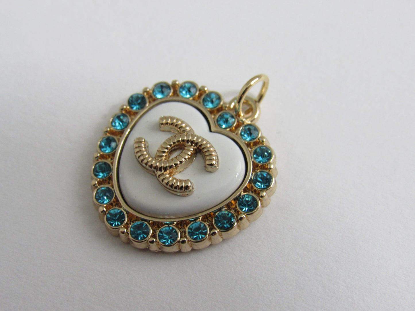Chanel White Heart Zipper Pull Charm With Teal Gem Inlay Stamped Back!