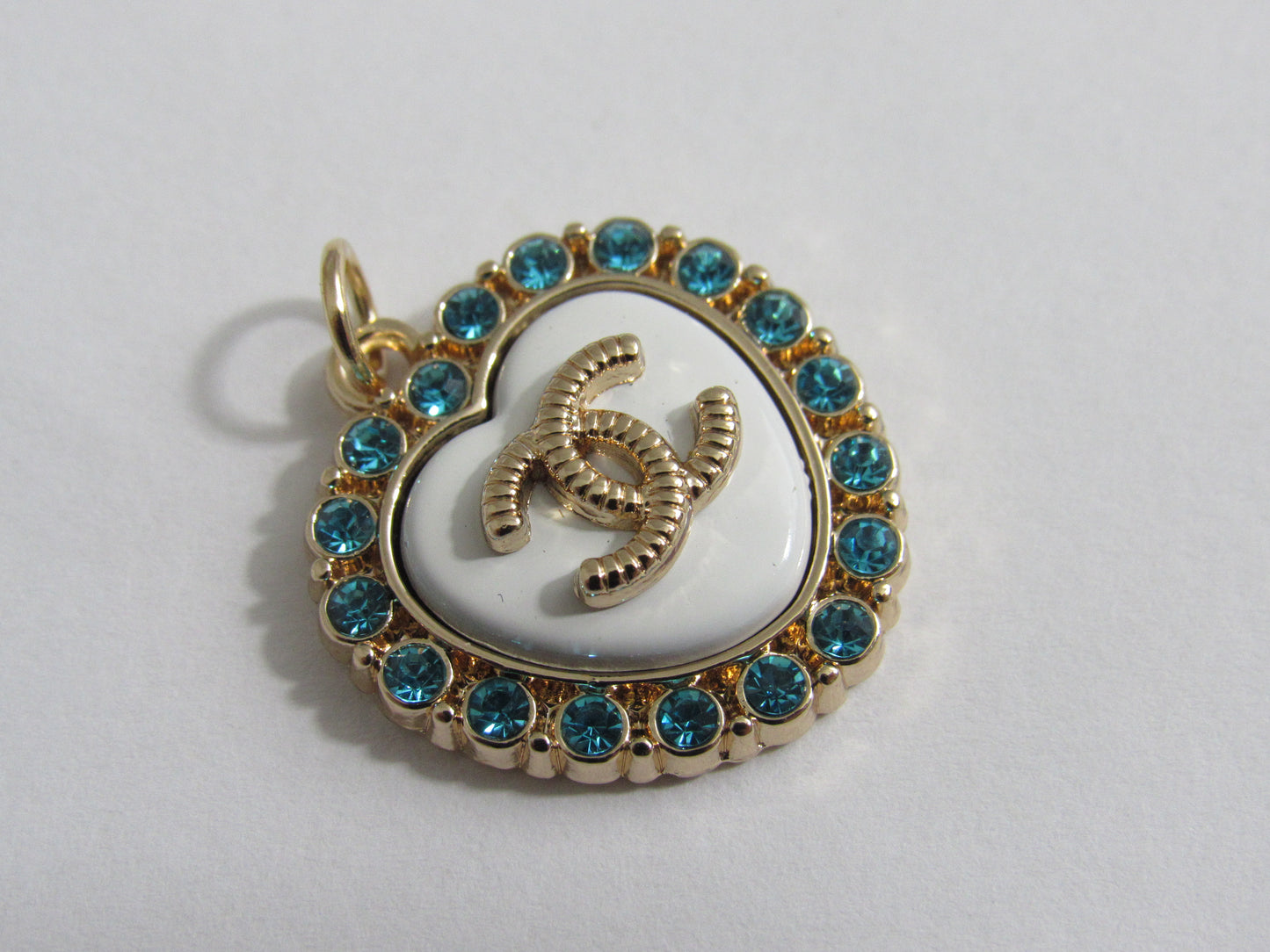 Chanel White Heart Zipper Pull Charm With Teal Gem Inlay Stamped Back!