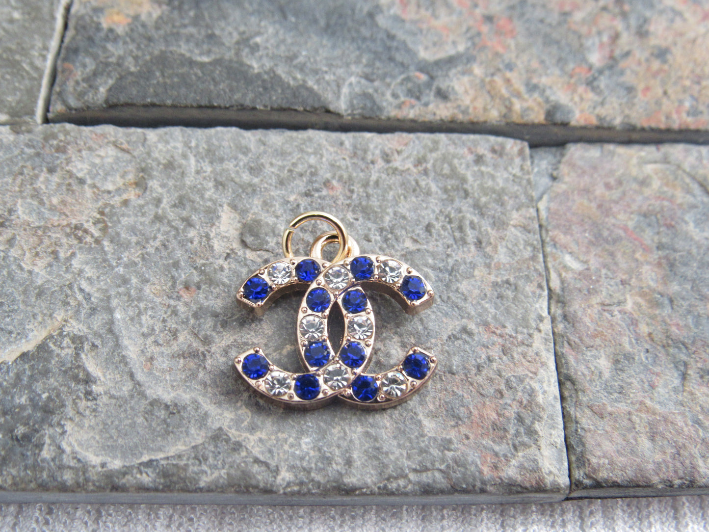 Chanel Blue And White Rhinestone Iced Gold Tone CC Zipper Pull Charm!