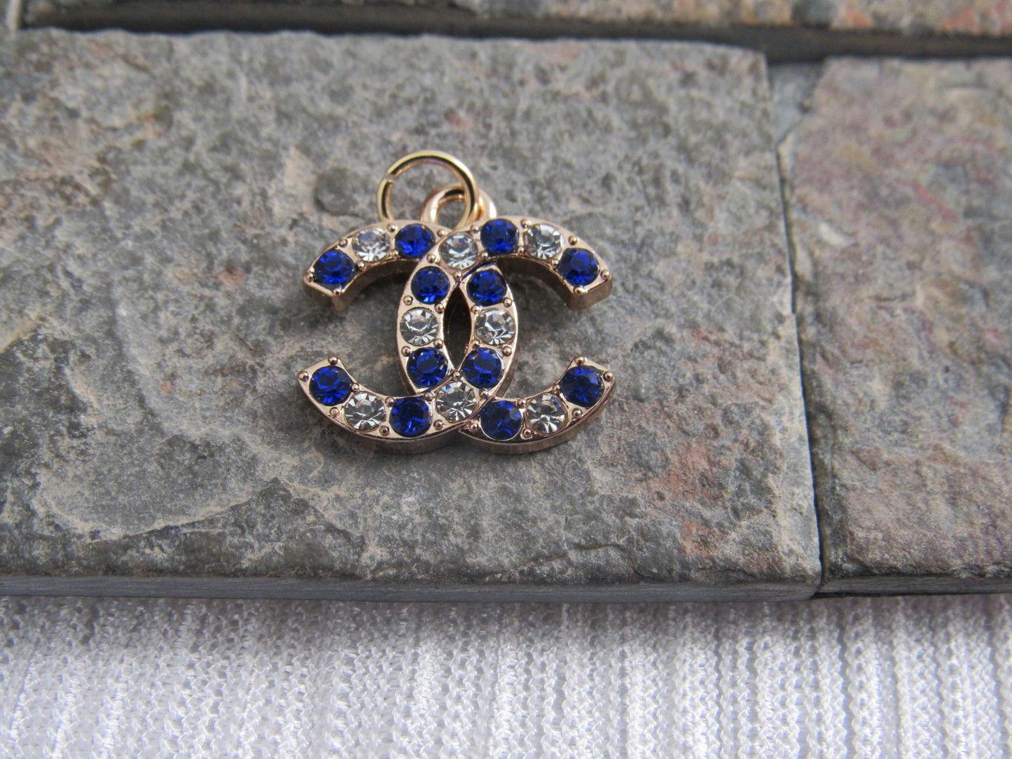 Chanel Blue And White Rhinestone Iced Gold Tone CC Zipper Pull Charm!