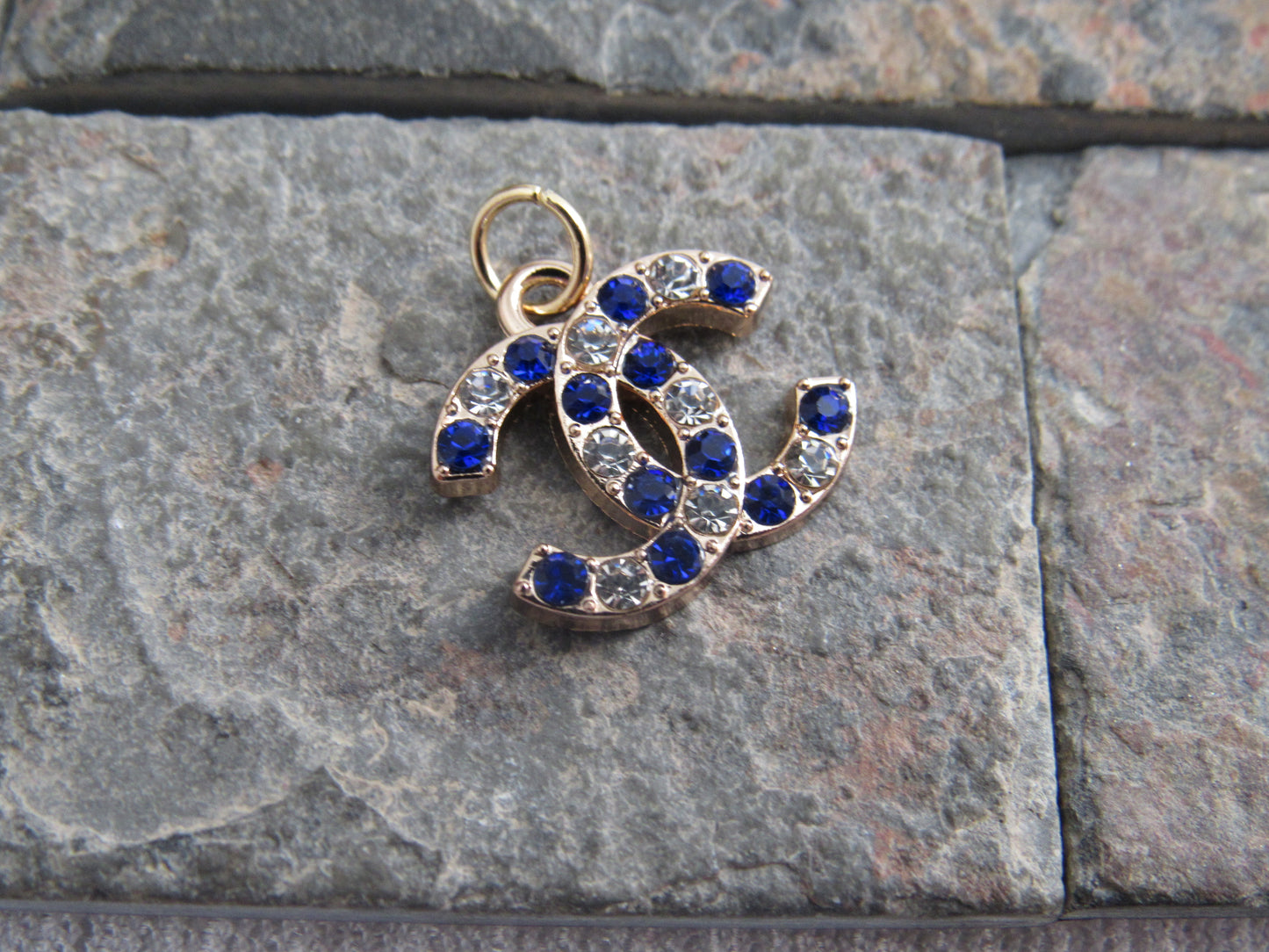 Chanel Blue And White Rhinestone Iced Gold Tone CC Zipper Pull Charm!