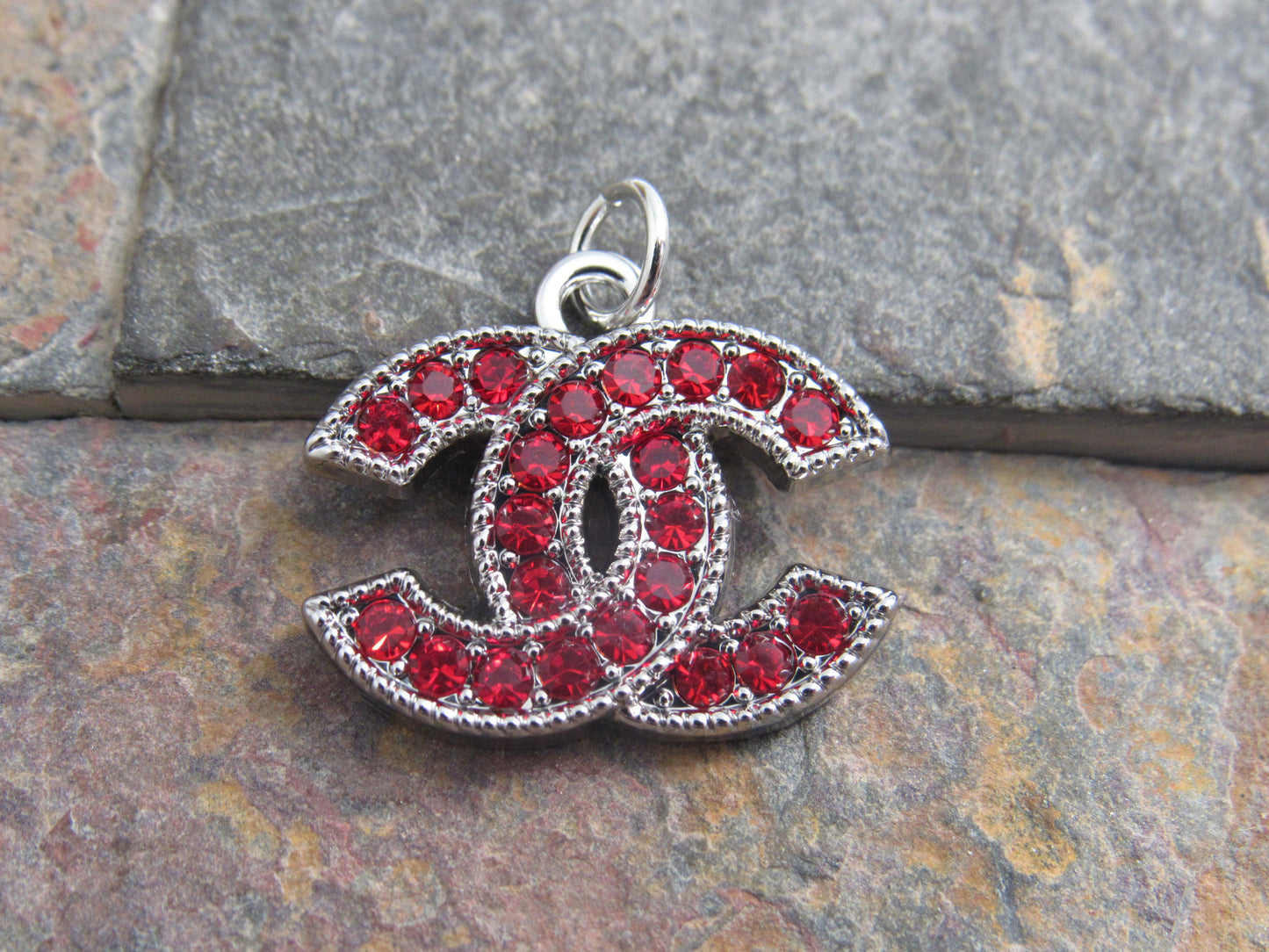 Chanel Silver Tone Red Rhinestone Iced CC Zipper Pull Charm!