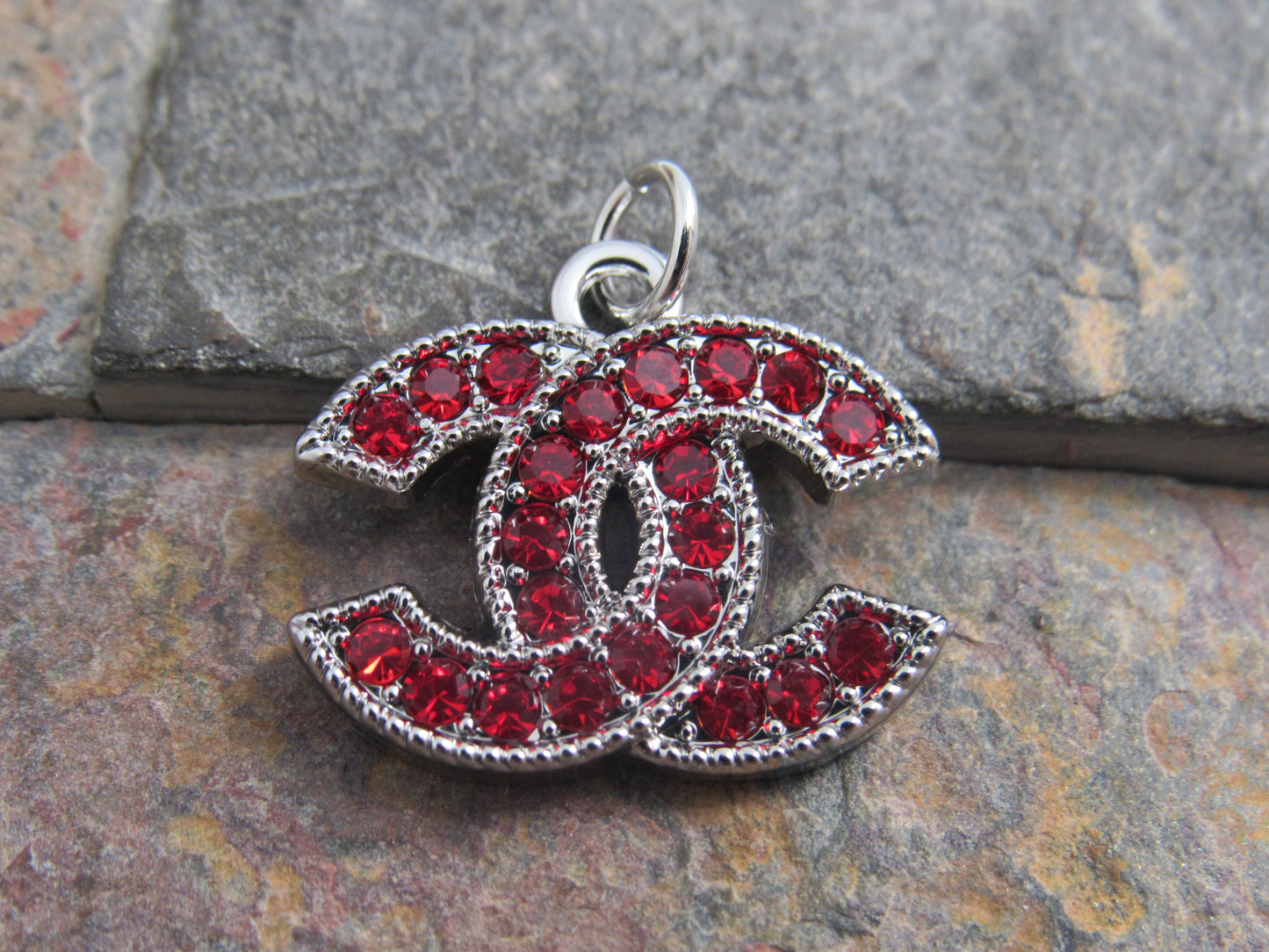 Chanel Silver Tone Red Rhinestone Iced CC Zipper Pull Charm!