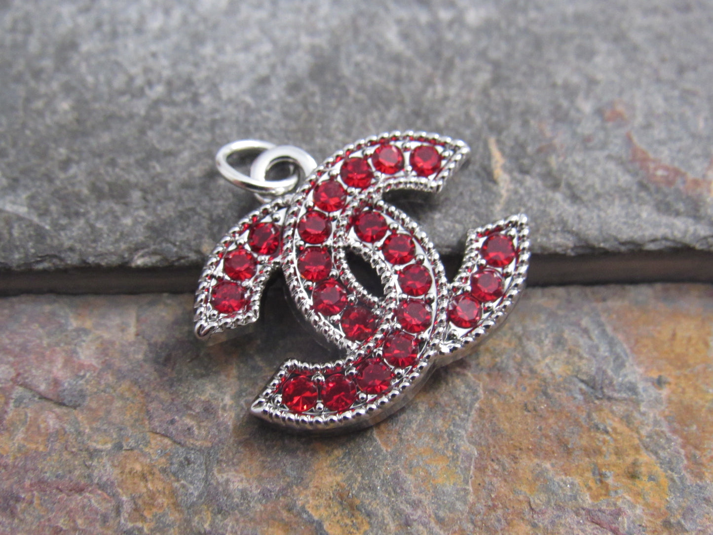 Chanel Silver Tone Red Rhinestone Iced CC Zipper Pull Charm!