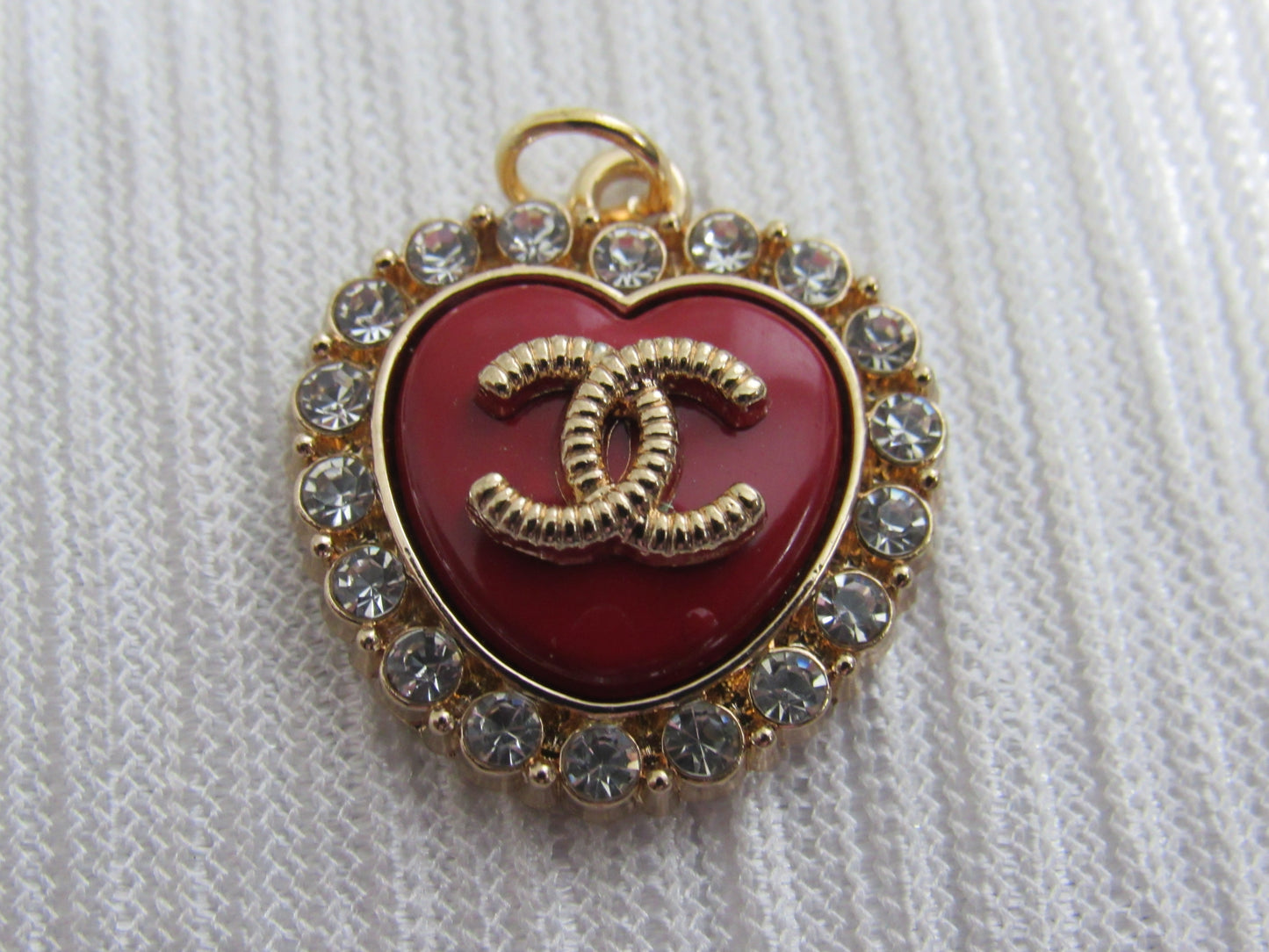 Chanel Red And Gold Heart Charm Iced With Clear Rhinestones!