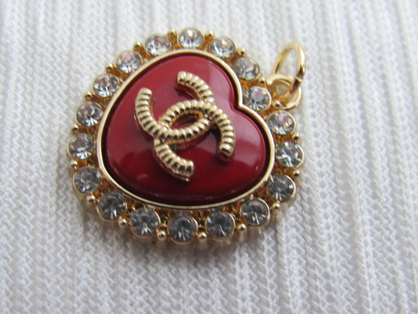 Chanel Red And Gold Heart Charm Iced With Clear Rhinestones!