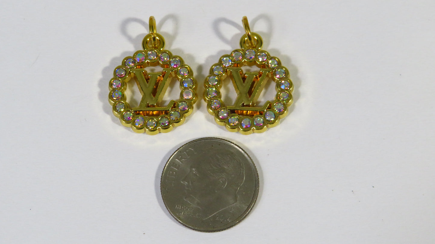 Louis Vuitton Bundle Of 2 Gold Oval Clear Crystal Lined Stamped Handbag Zipper Pull Charm Lot