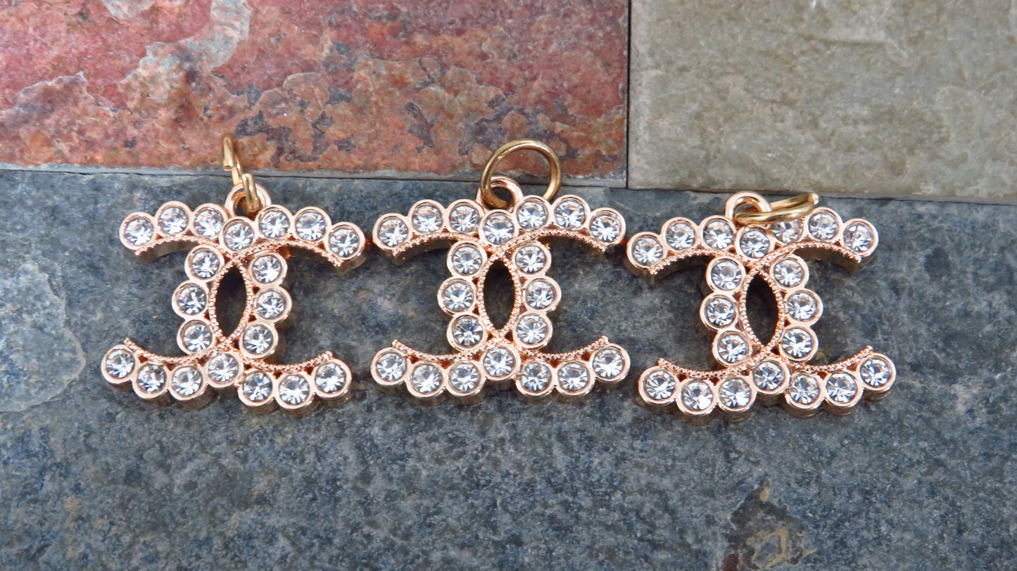 Value Bundle Of 3 Chanel Gold Tone Clear Rhinestone Lined CC Zipper Pull Charms!