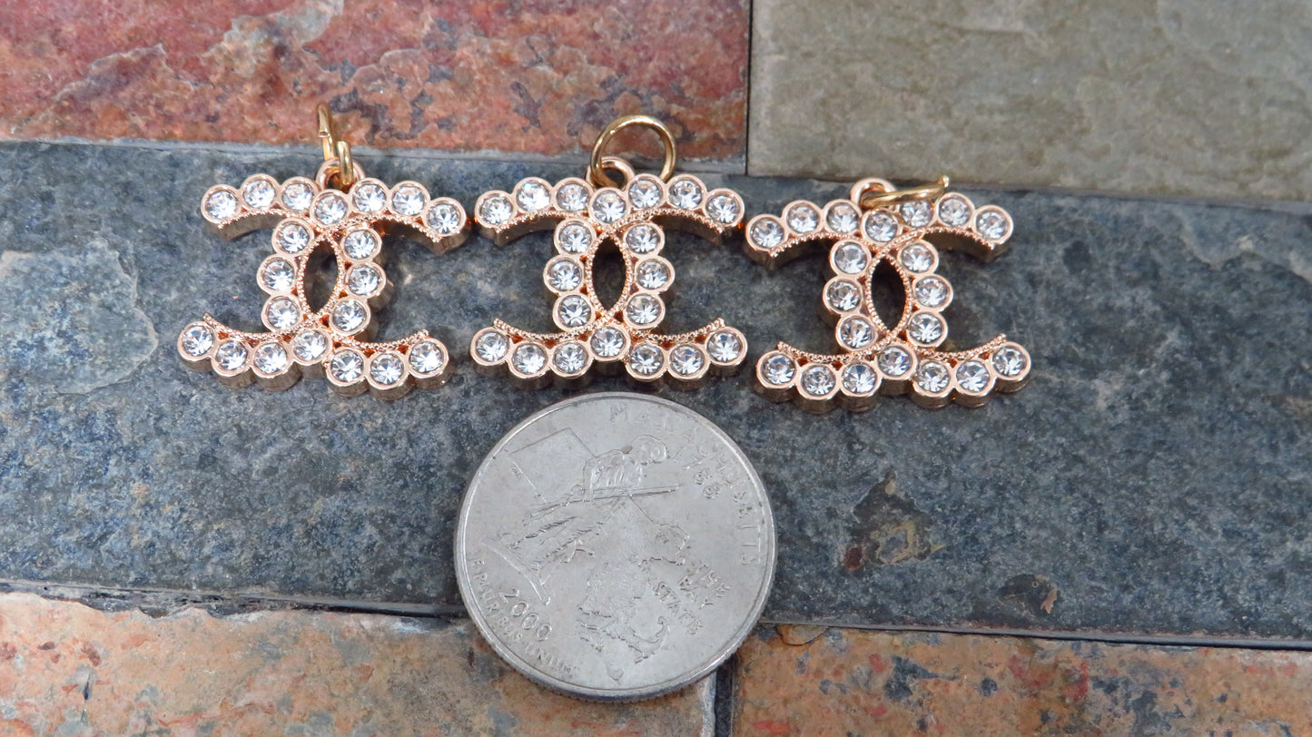 Value Bundle Of 3 Chanel Gold Tone Clear Rhinestone Lined CC Zipper Pull Charms!