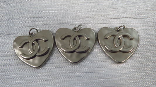 Chanel Bundle Of 3 Pewter Embossed Stamped CC Heart Charms 25mm!