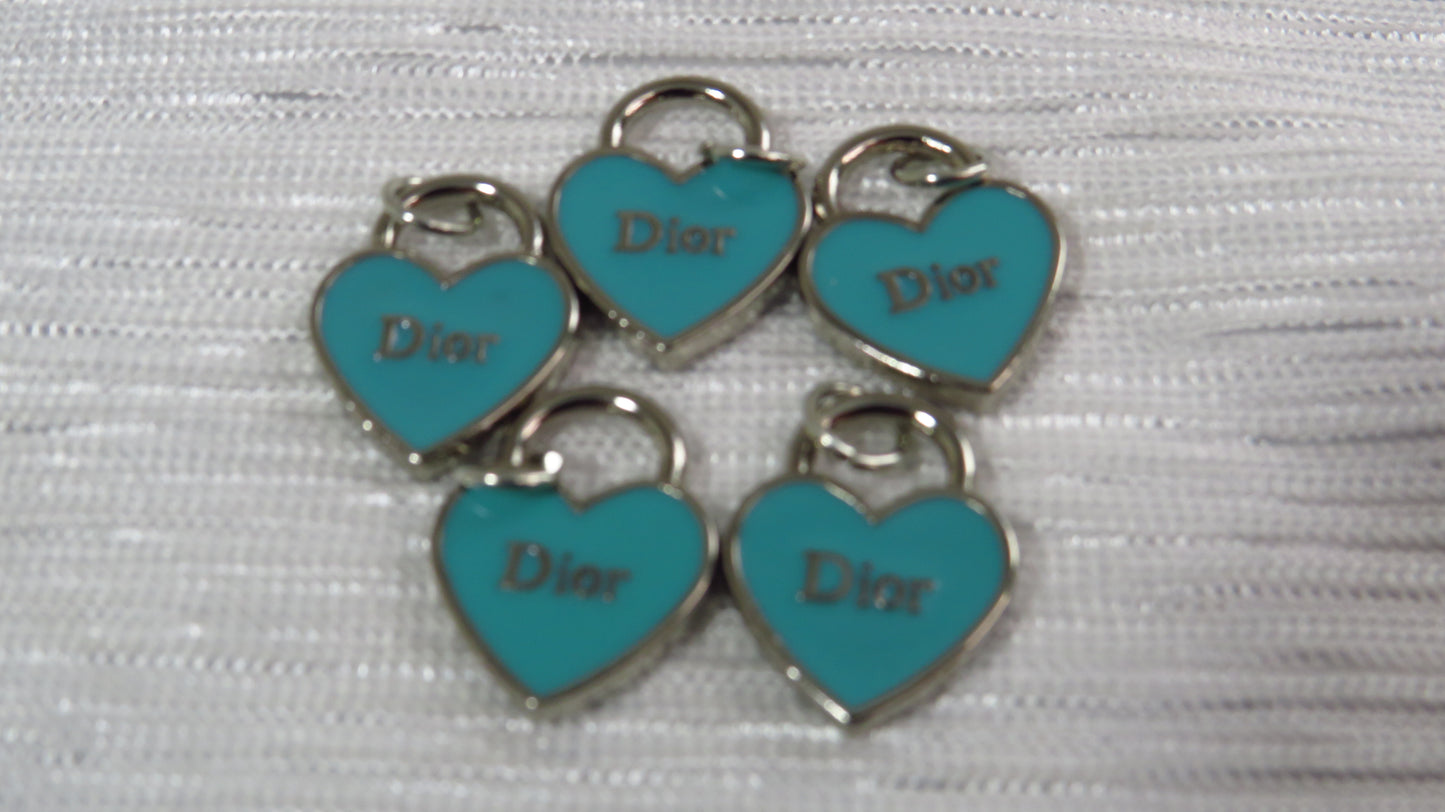 Wholesale Bundle of 5 Dior CD Teal And Silver Heart Shaped Charms Zipper Pulls!
