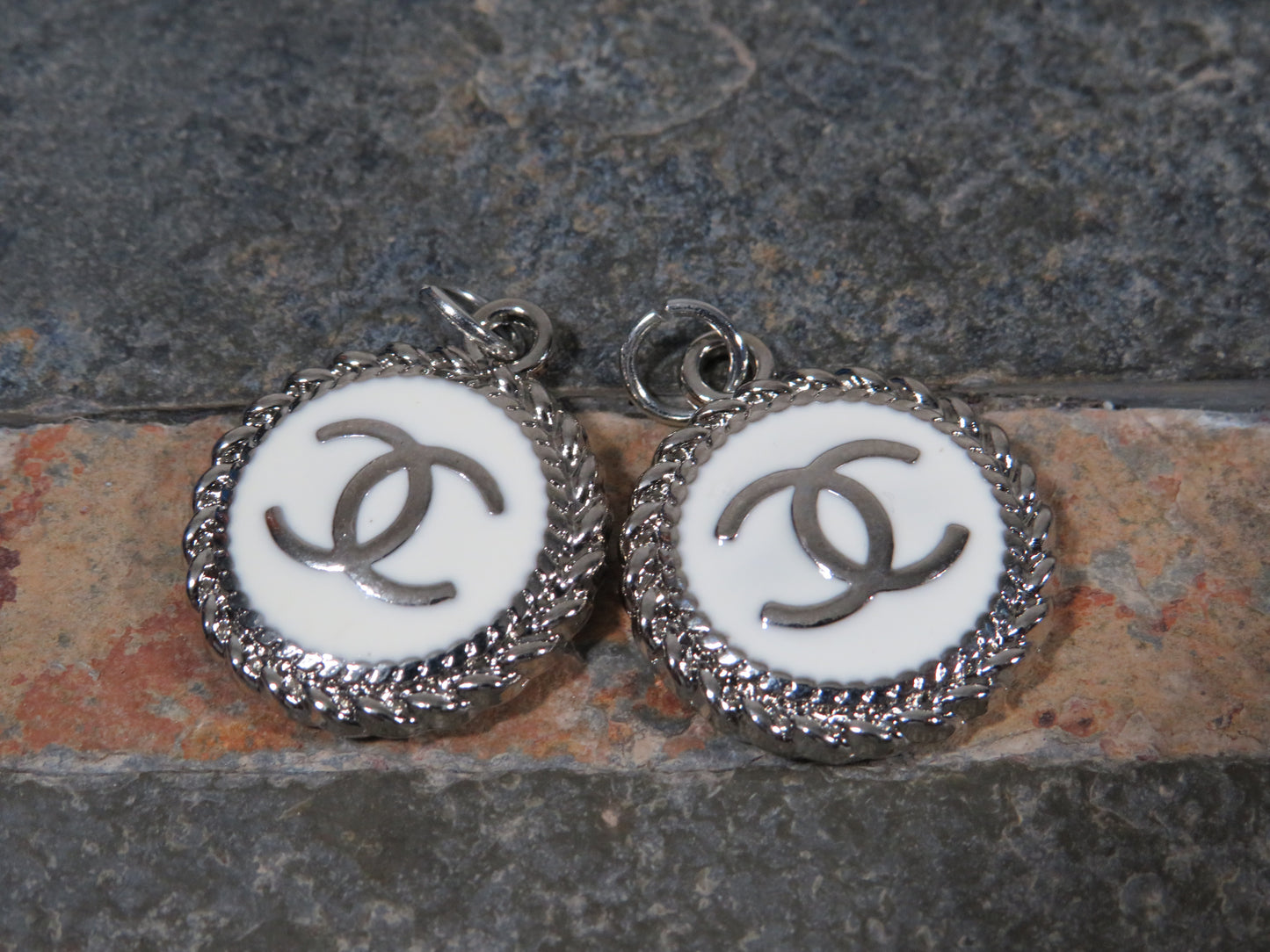 Bundle Of 2 Chanel Oval Cream And Silver Tone Zipper Pull Charms Stamped!