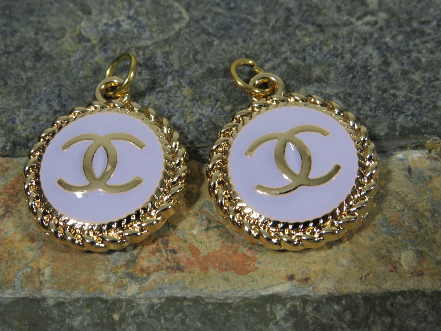 Chanel Bundle Of 2 Oval Gold And Purple CC Charms Stamped!