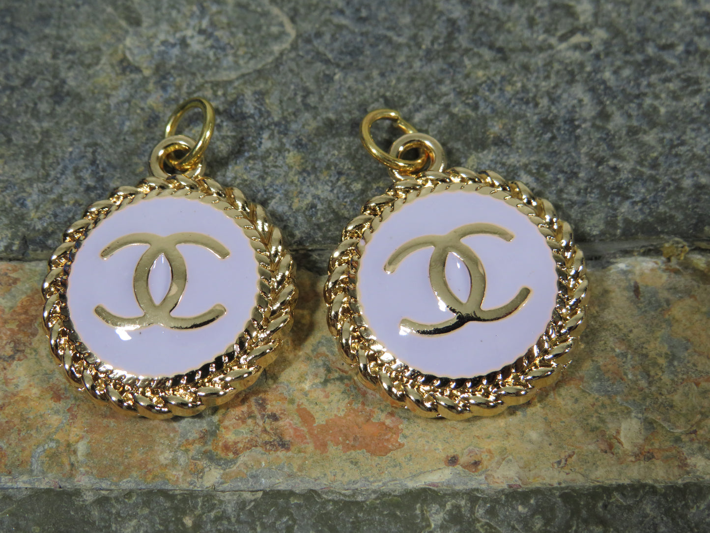 Chanel Bundle Of 2 Oval Gold And Purple CC Charms Stamped!