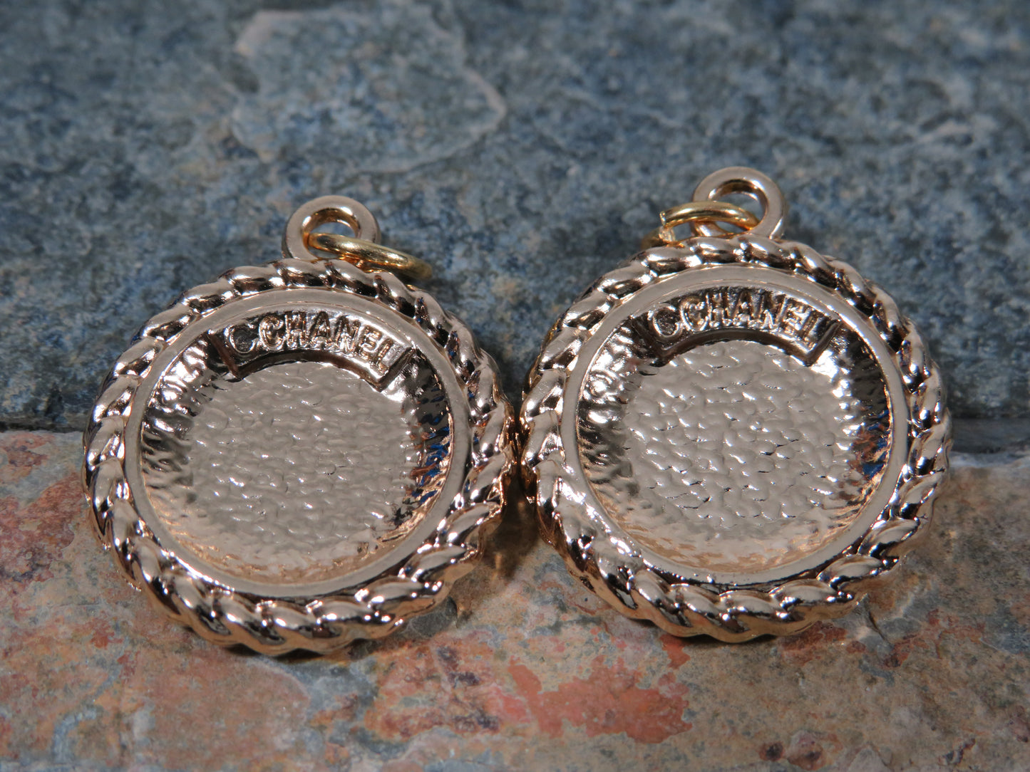 Chanel Bundle Of 2 Oval Gold And Purple CC Charms Stamped!