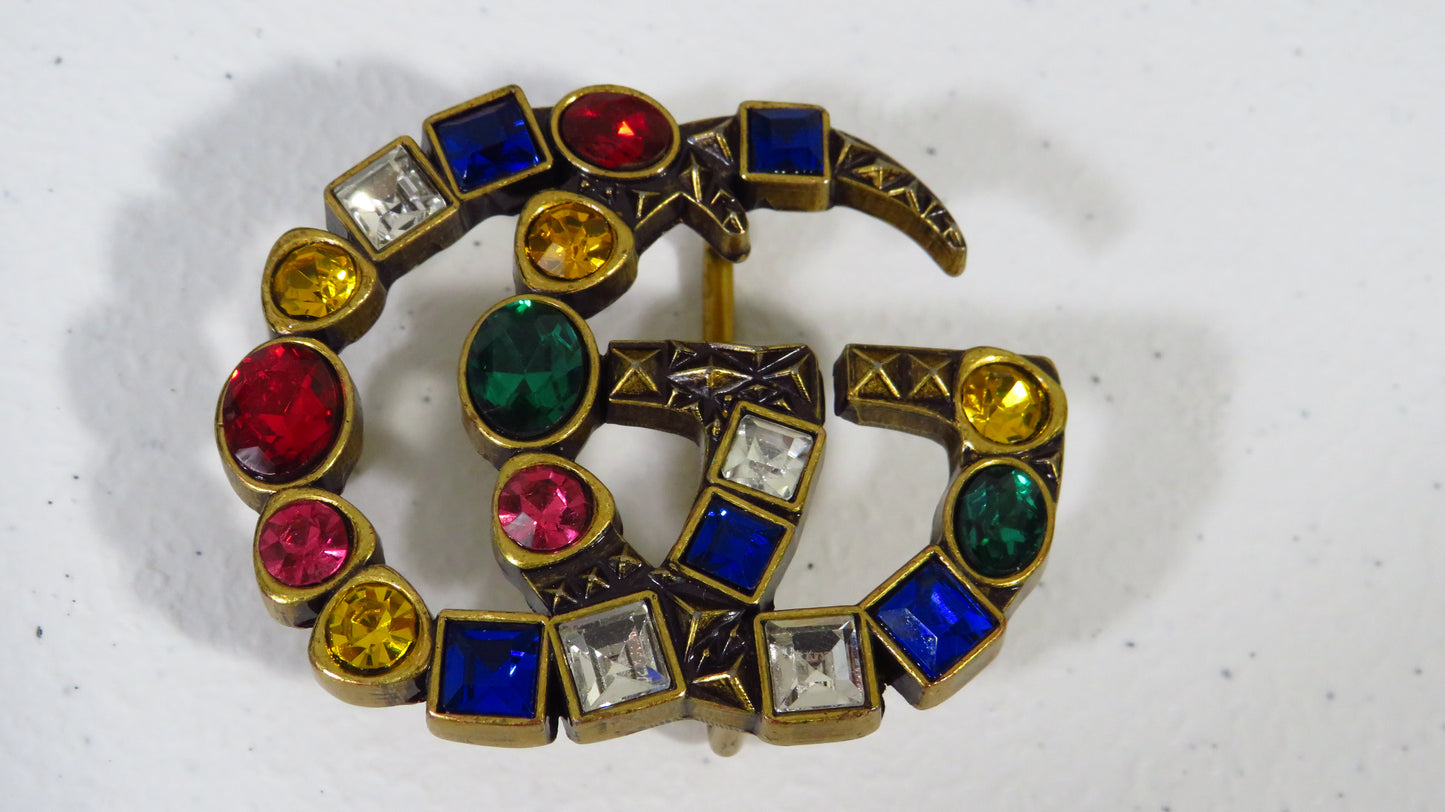 Gucci Colorful Rhinestone Lined Brass Belt Buckle For Women!
