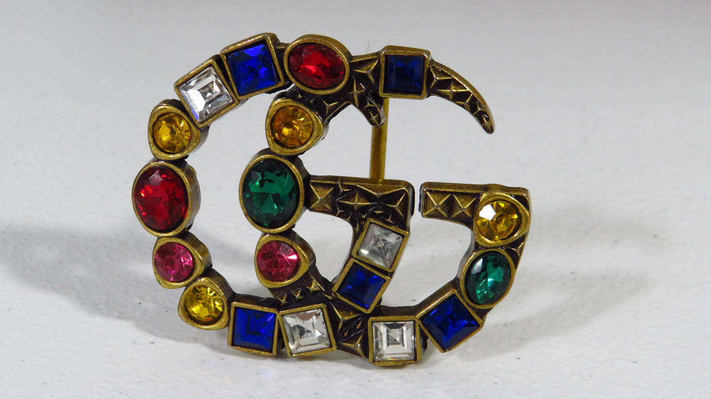 Gucci Colorful Rhinestone Lined Brass Belt Buckle For Women!