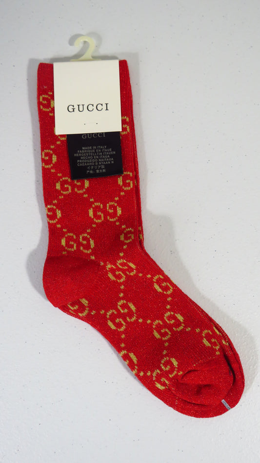 Gucci Women's Red Glitter Fabric Double G Crew Socks OSFM New!