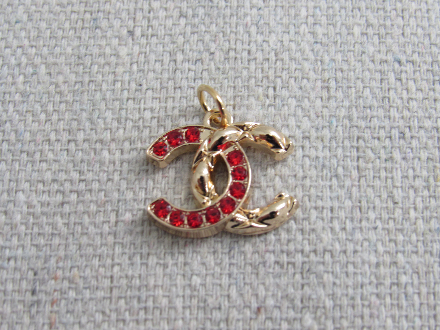 Chanel Gold Tone Red Crystal 1/2 Lined CC Zipper Pull Charm Stamped!