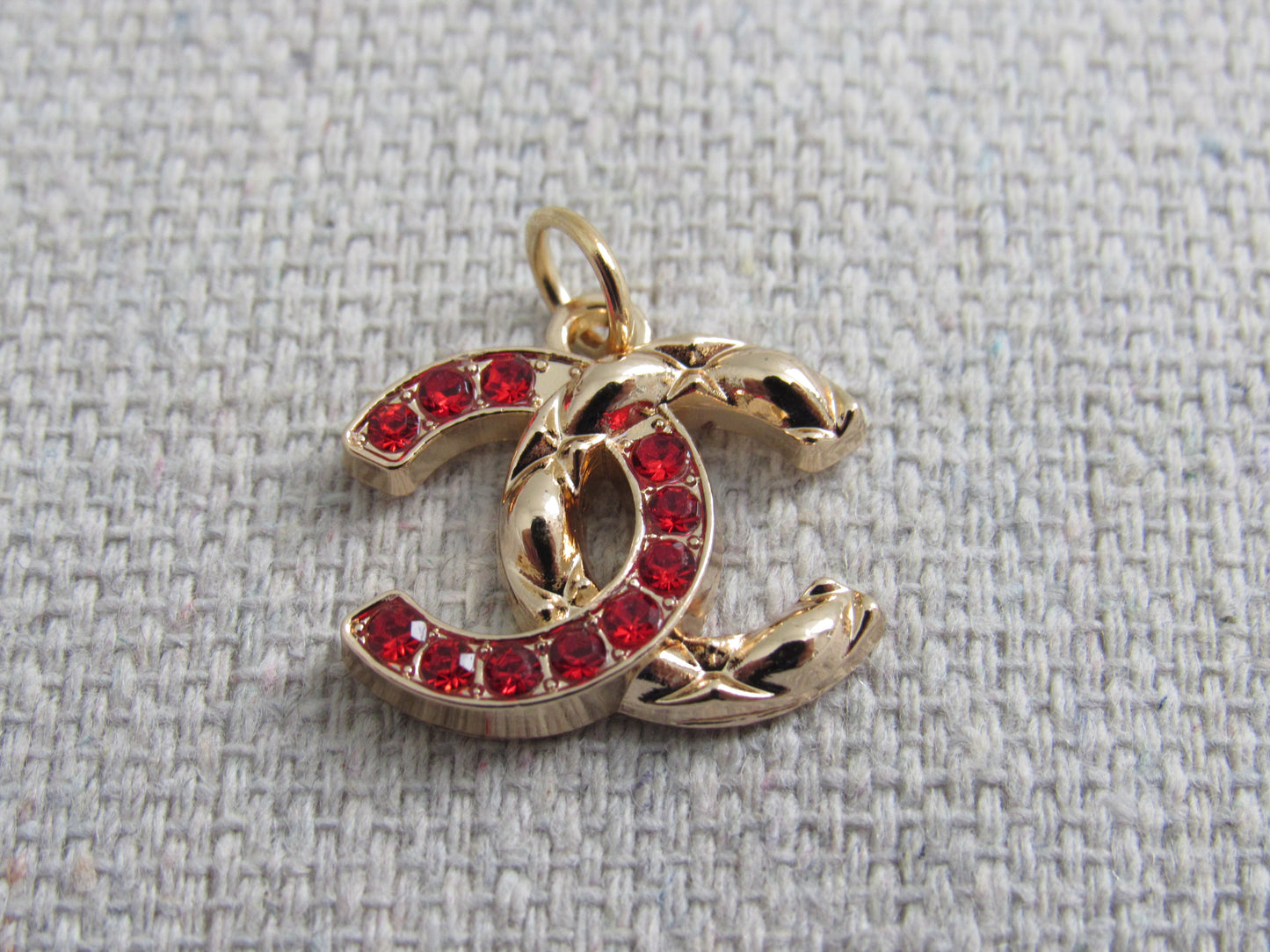 Chanel Gold Tone Red Crystal 1/2 Lined CC Zipper Pull Charm Stamped!