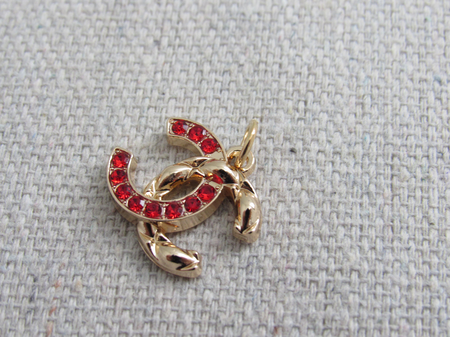 Chanel Gold Tone Red Crystal 1/2 Lined CC Zipper Pull Charm Stamped!