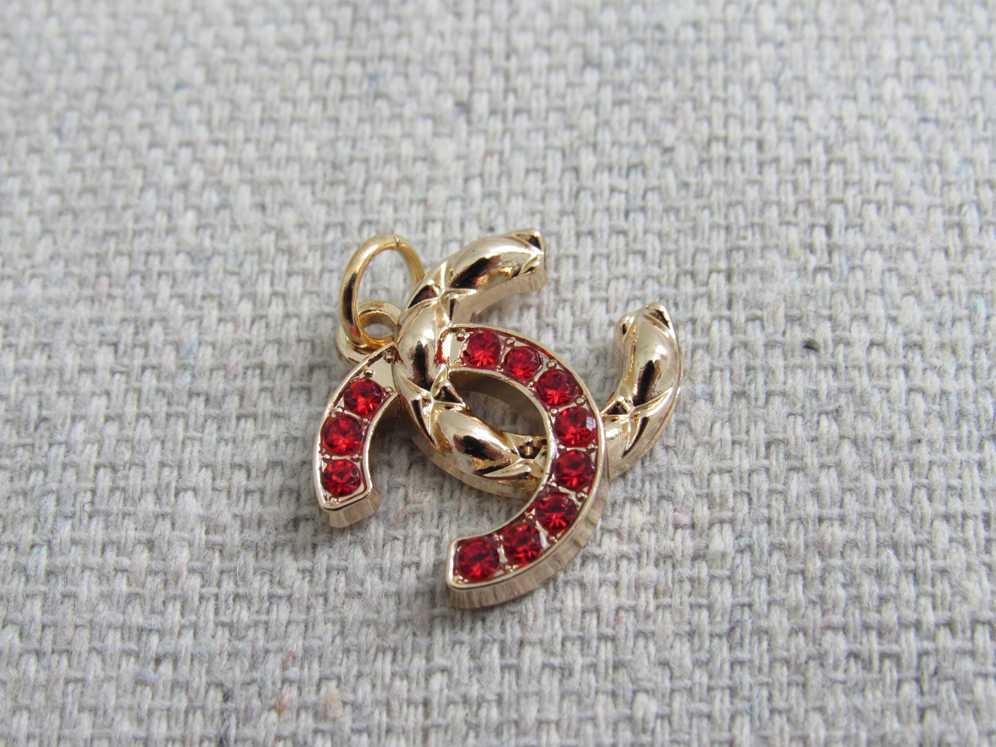 Chanel Gold Tone Red Crystal 1/2 Lined CC Zipper Pull Charm Stamped!