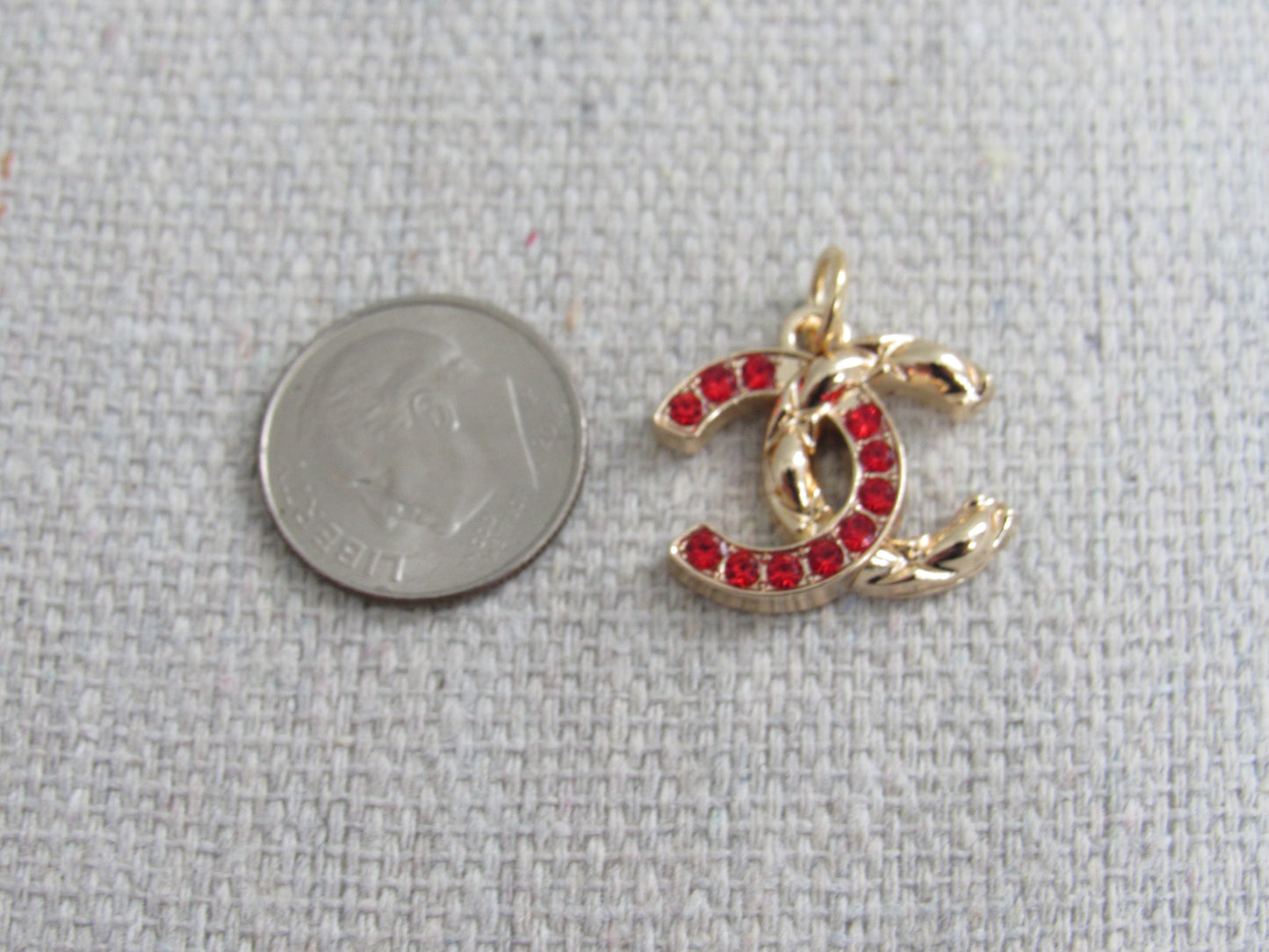 Chanel Gold Tone Red Crystal 1/2 Lined CC Zipper Pull Charm Stamped!