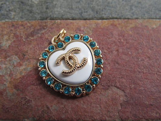 Retro Chanel Teal Stone Lined Heart Charm Stamped With Gold Back!