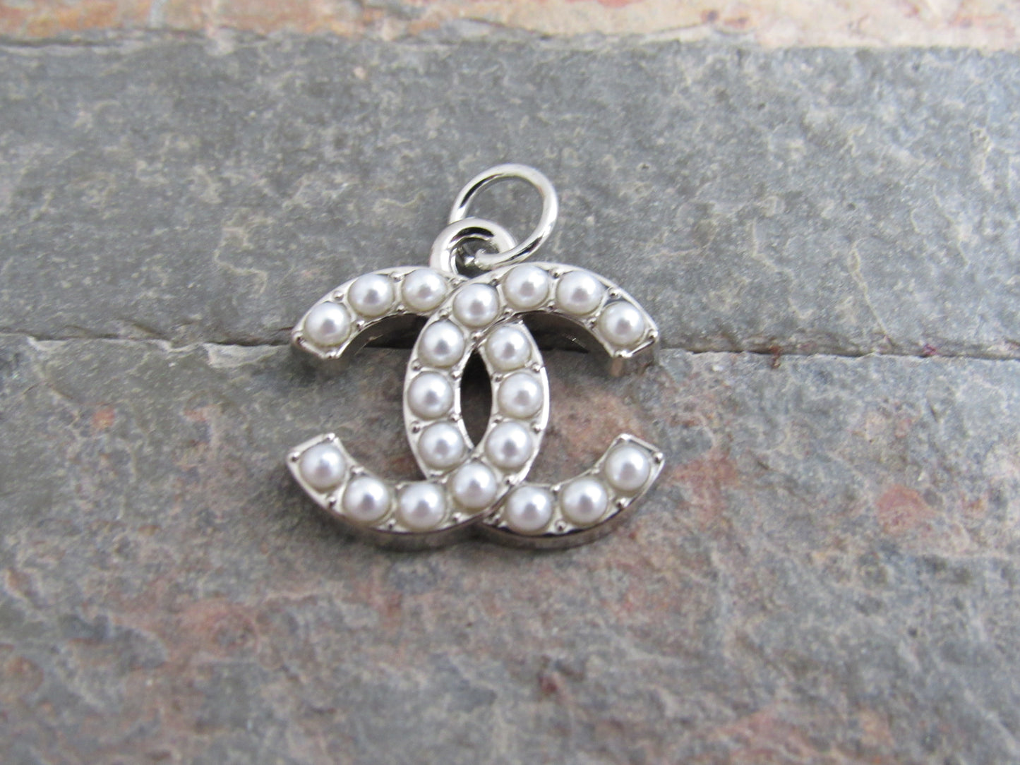 Chanel Silver Tone Pearl Inlay Stamped Zipper Pull Charm!