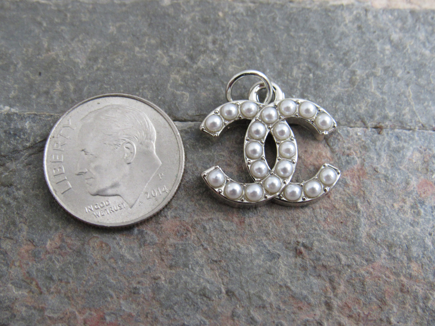 Chanel Silver Tone Pearl Inlay Stamped Zipper Pull Charm!