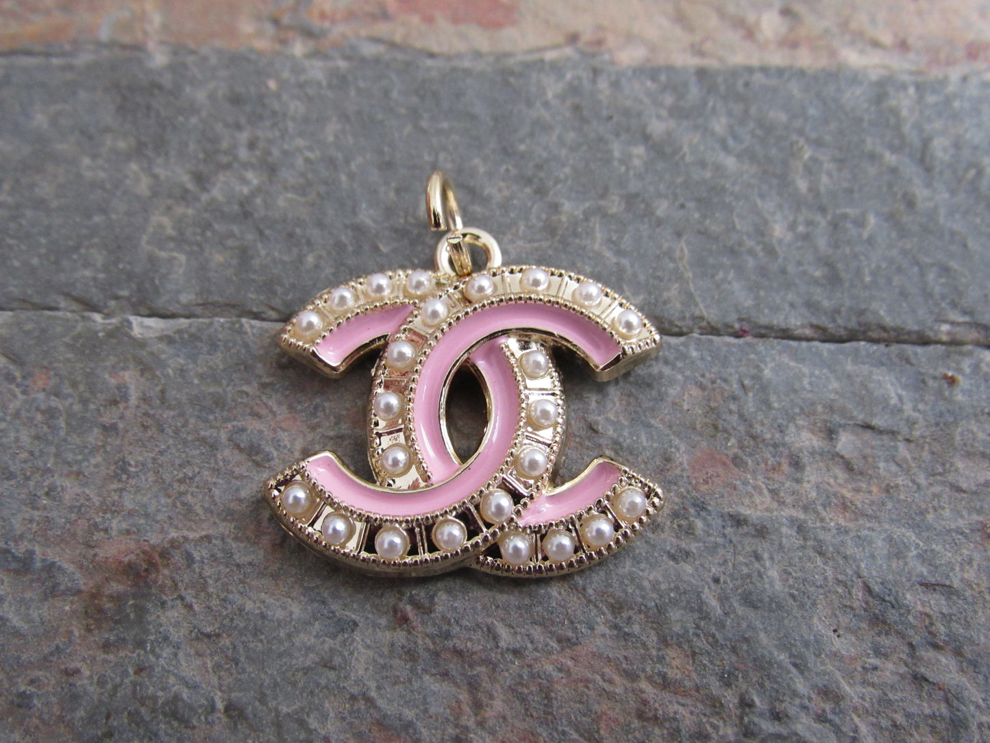 Chanel Pink And Gold Pearl Lined CC Handbag Charm Stamped!